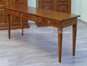 Consolle in legno massiccio di noce con intarsio 3 cassetti lunghezza cm 180