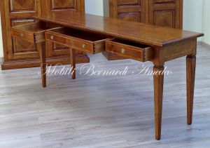Consolle in legno massiccio di noce con intarsio 3 cassetti lunghezza cm 180