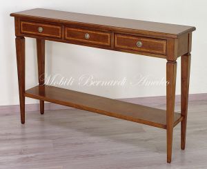Tavolino consolle in legno massello stile classico con 3 cassetti