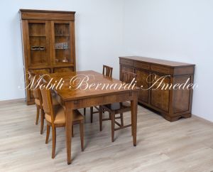 Classic style dining room composed of a display cabinet and extendable table in walnut wood inlaid with poplar root