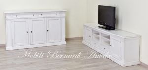 Sideboard and low TV stand in solid wood, rustic style, white finish