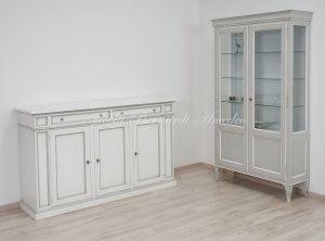 Classic style solid wood sideboard and display cabinet with white and gray lacquered finish