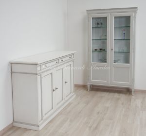 Classic style solid wood sideboard and display cabinet with white and gray lacquered finish