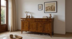 Handcrafted reproduction of a classic style sideboard in walnut wood with 4 doors and 4 drawers inserted in a living room with wooden floor