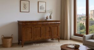 Handcrafted reproduction of a classic style sideboard in walnut wood with 4 doors and 4 drawers inserted in a living room with wooden floor