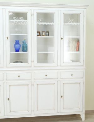 Pantry cabinet - country style bookcase in solid wood with shelf with 4 glass doors