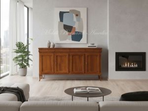 Reproduction of a Louis Philippe style wooden sideboard with a length of 200 cm inserted in a modern living room