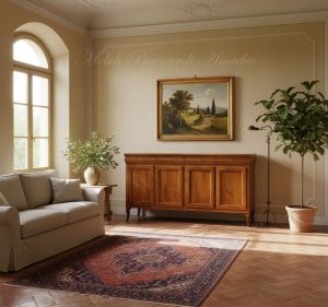 Reproduction of a 200cm long Louis Philippe style wooden sideboard inserted in a classic Italian villa