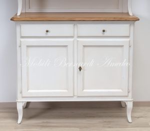 Credenza con alzata da cucina in legno massello stile classico veneto finitura colore bianco e rovere chiaro