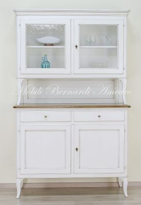 Credenza da cucina a 2 corpi in legno massello stile veneto con finitura bianco anticato e rovere