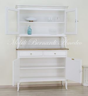 Credenza da cucina a 2 corpi in legno massello stile veneto con finitura bianco anticato e rovere