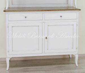 Credenza da cucina a 2 corpi in legno massello stile veneto con finitura bianco anticato e rovere