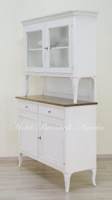 Credenza da cucina a 2 corpi in legno massello stile veneto con finitura bianco anticato e rovere