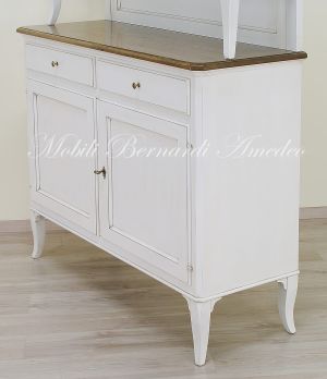 Credenza da cucina a 2 corpi in legno massello stile veneto con finitura bianco anticato e rovere