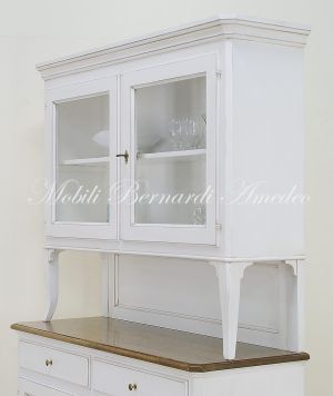 Credenza da cucina a 2 corpi in legno massello stile veneto con finitura bianco anticato e rovere