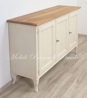 Credenza in legno massello da 160 cm di lunghezza con top in noce nazionale finitura laccata bianco avorio