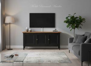Mobile per Tv in legno massello finitura nero e rovere inserito in un soggiorno moderno - elaborazione grafica