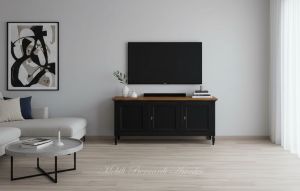 Mobile per Tv in legno massello finitura nero e rovere inserito in un soggiorno moderno - elaborazione grafica