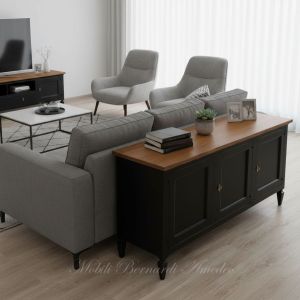 Credenza bassa costruita in legno massello finitura nero e rovere appoggiata allo schienale di un divano moderno - elaborazione grafica