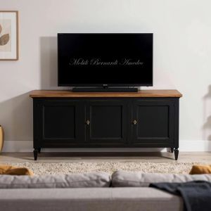 Mobile per Tv in legno massello finitura nero e rovere inserito in un soggiorno moderno - elaborazione grafica