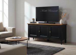 Mobile per Tv in legno massello finitura nero e rovere inserito in un soggiorno moderno - elaborazione grafica