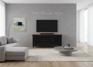 Mobile per Tv in legno massello finitura nero e rovere inserito in un soggiorno moderno - elaborazione grafica