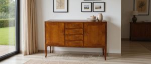 Classic style sideboard made of solid walnut wood inserted in a modern home