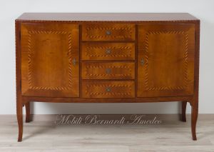 Slightly rounded sideboard handcrafted in solid walnut wood with classic style inlay