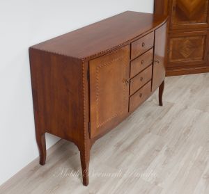 Slightly rounded sideboard handcrafted in solid walnut wood with classic style inlay