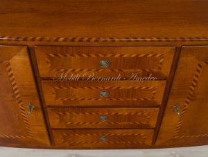 Slightly rounded sideboard handcrafted in solid walnut wood with classic style inlay