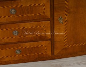 Slightly rounded sideboard handcrafted in solid walnut wood with classic style inlay