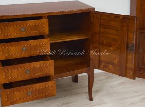 Slightly rounded sideboard handcrafted in solid walnut wood with classic style inlay