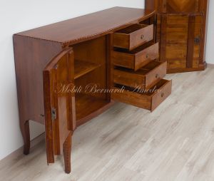 Slightly rounded sideboard handcrafted in solid walnut wood with classic style inlay