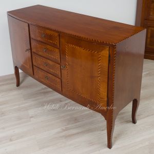 Slightly rounded sideboard handcrafted in solid walnut wood with classic style inlay