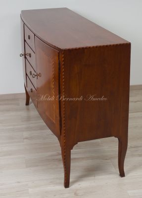 Slightly rounded sideboard handcrafted in solid walnut wood with classic style inlay