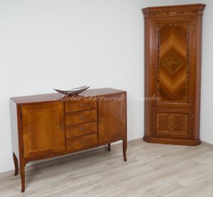 Slightly rounded sideboard handcrafted in solid walnut wood with classic style inlay