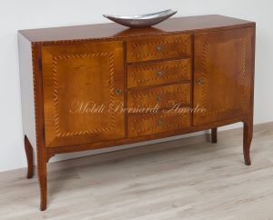 Slightly rounded sideboard handcrafted in solid walnut wood with classic style inlay