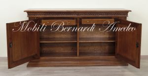 Sideboard in solid walnut wood with carving and inlaid doors