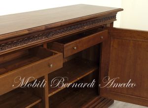 Sideboard in solid walnut wood with carving and inlaid doors