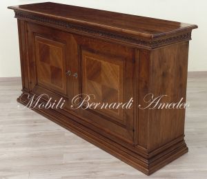 Sideboard in solid walnut wood with carving and inlaid doors