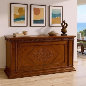 Classic style sideboard in solid walnut wood with inlays inserted in a modern environment
