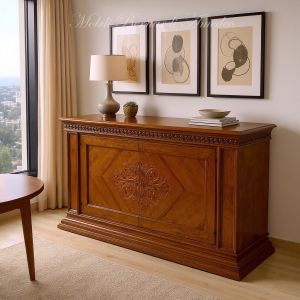 Classic style sideboard in solid walnut wood with inlays inserted in a modern environment