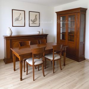 Walnut sideboard and display cabinet with inlays set together with a classic style table and chairs