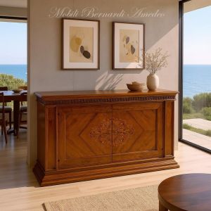Classic style sideboard in solid walnut wood with inlays inserted in a modern environment