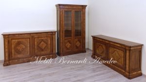 Classic style sideboards and display cabinet in solid walnut wood with olive inlays handcrafted in Italy