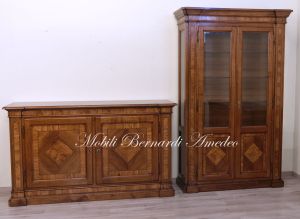 Classic style sideboards and display cabinet in solid walnut wood with olive inlays handcrafted in Italy