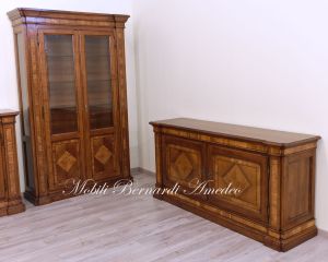 Handcrafted sideboards and display cases in solid walnut wood with various parts inlaid in olive wood