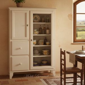 Mobile da cucina dispensa con ante e cassetti costruito in legno con finitura laccata colore bianco