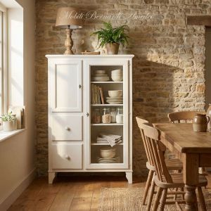 Mobile da cucina dispensa con ante e cassetti costruito in legno con finitura laccata colore bianco