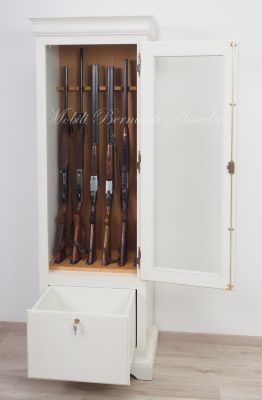 Fuciliera in legno massello stile classico con 1 anta con vetro e finitura colore bianco anticato